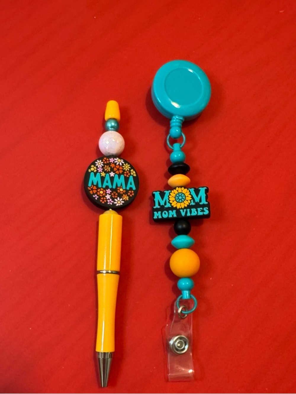 Hand Crafted Mama Mom Vibes Badge Reel and Yellow Pen - Teal, Yellow, Black